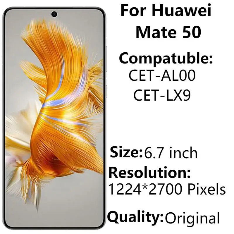 

6.7'' Original OLED For Huawei Mate 50 CET-AL00 CET-LX9 LCD Display With Frame Touch Panel Screen Digitizer Assembly Replacement