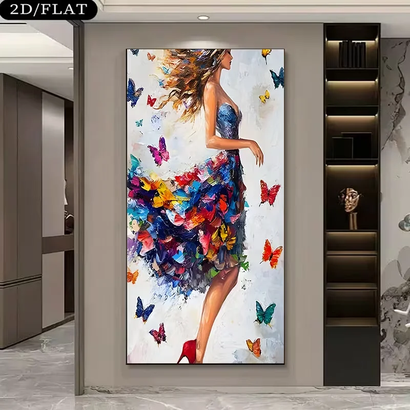 2D Flat, 2D Flat, A 2D/FLAT Unframed Canvas Painting Depicting a Woman in a Colorful Butterfly Dress, Measuring 27.55