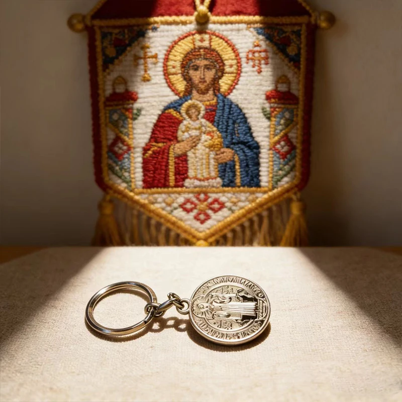 Byzantinische St. Benedikt-Medaillen-Schlüsselanhänger, doppelseitig, aus Edelstahl, katholisches orthodoxes religiöses Amulett für Autoschlüsselring, christlich – Detail 3