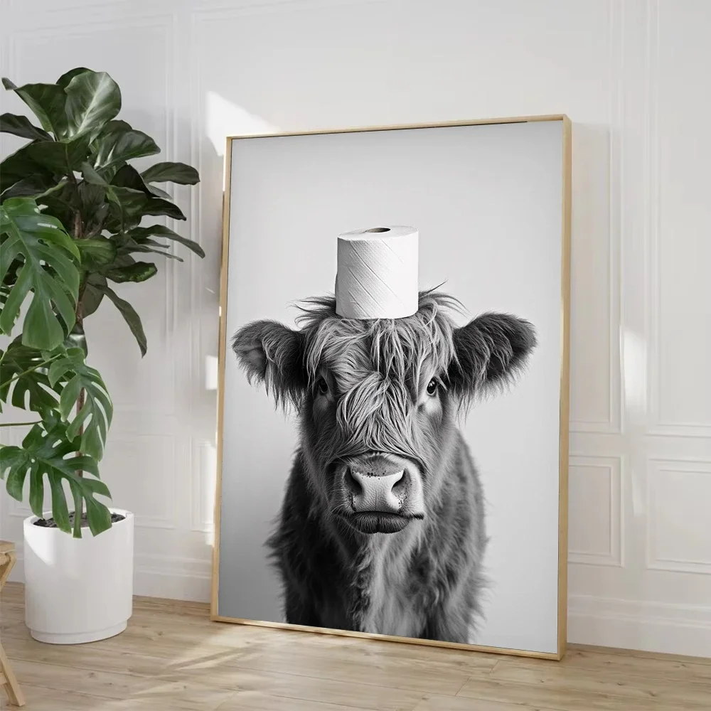 Highland Cow Otter Cat  Raccoon with Toilet Paper Poster Print Canvas  Bathroom Wall  Funny Toilet Humor Home Decor view 2