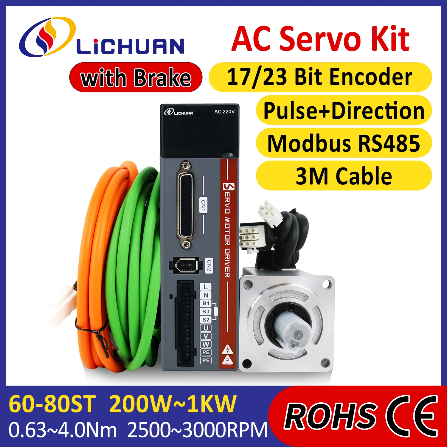 Lichuan 3000RPM 220V A5 200W 400W 600W 750W 1000W AC Servo Motor Driver Kit Servo Motor AC Driver Kit for Automated/CNC Machine