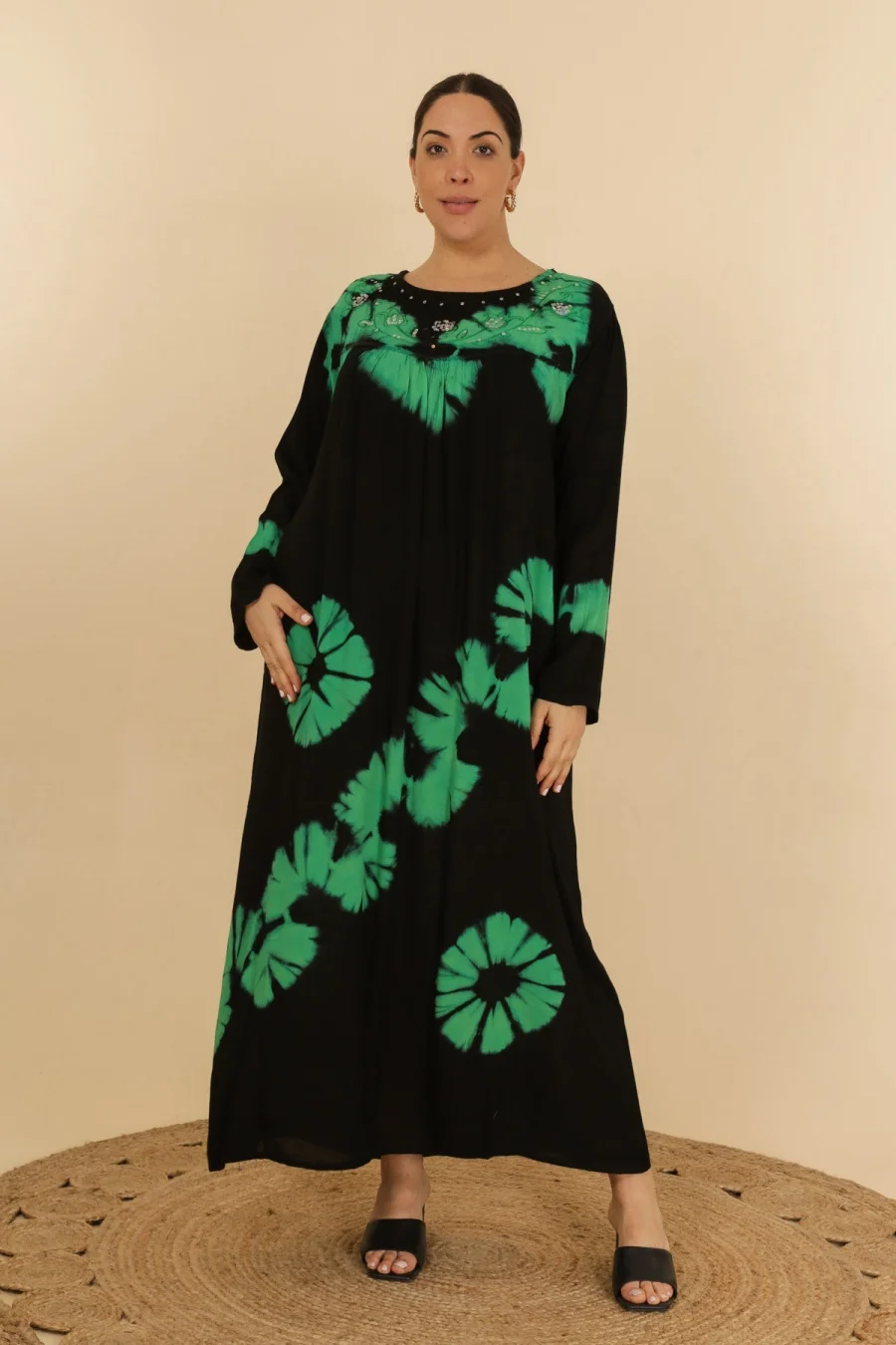 Short sleeve 100% Cotton fashion ladies African Tie die summer batik dress green SAMIRAA with head scarf  coverchief