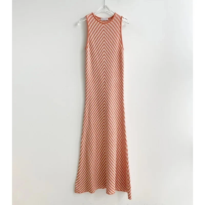 Korean chic early spring round neck striped contrast stitching hip-hugging slim sleeveless knitted dress