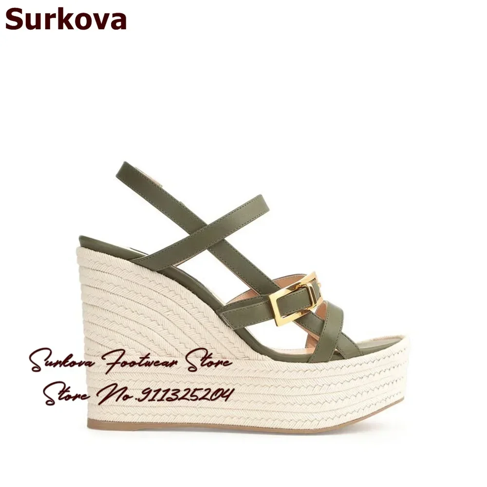 Surkova Platform Espadrille Wedge Heel Sandals Army Green Beige Nude Matte Leather Strappy Dress Shoes Buckle Strap Pumps