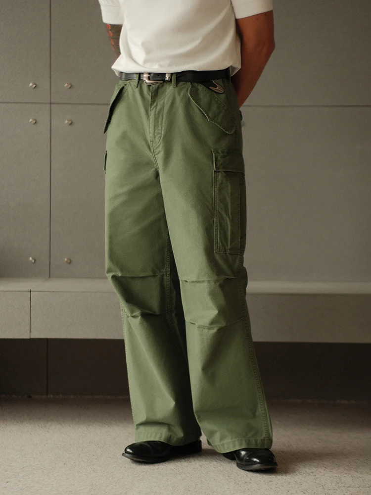 

Pure Cotton Satin Workwear Wide Leg Pants Military Green Loose High Waist 330g Long Trousers Youth Casual American Style