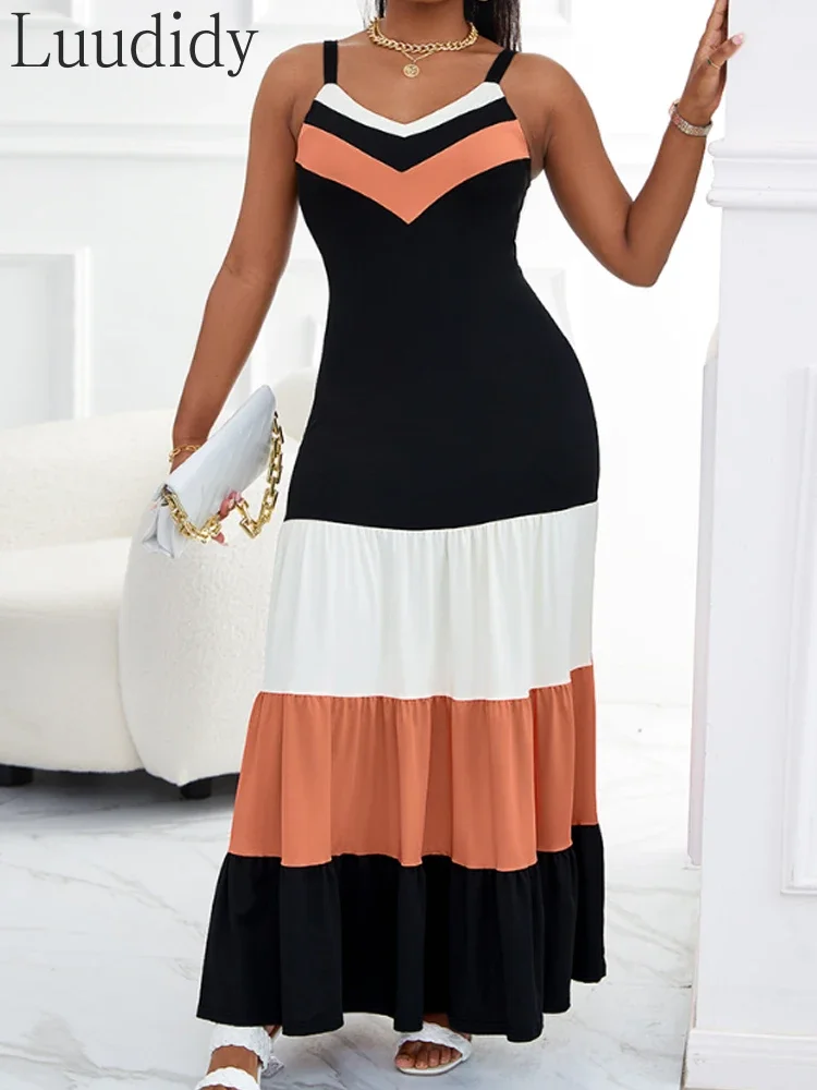 Women's Spaghetti Strap Colorblock Ruched Ruffle Hem Maxi Dress