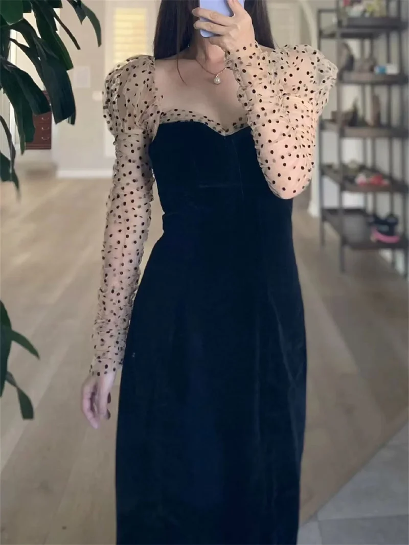 Women Velvet Dress Square Neck Slim Polka Dot See-Through Splicing Autumn Winter Ladies Temperament Mid-Length Robe 2024 New