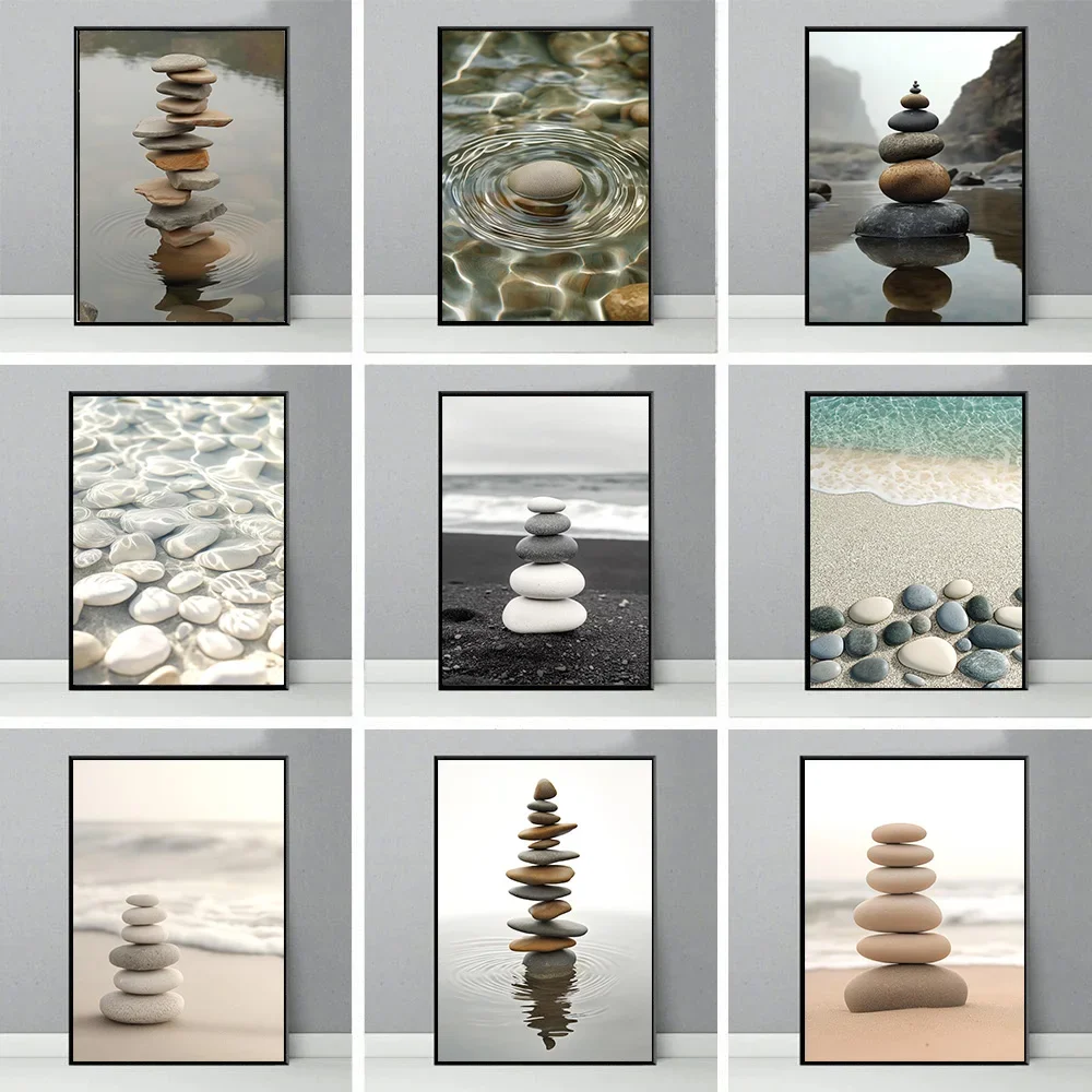 Classic Still Life Seaside Stream River Stone Pile Scenery Poster Canvas Art Painting Printing Home Room Wall Picture Decor Gift