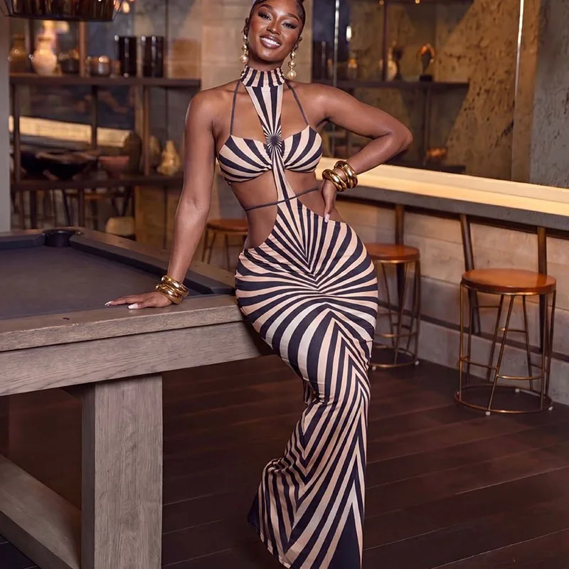 Doyerl Multicolor Tie Dye Striped Party Long Dress for Woman Clothing Club Wear Night Out Halter Hollow Out Bodycon Maxi Dress
