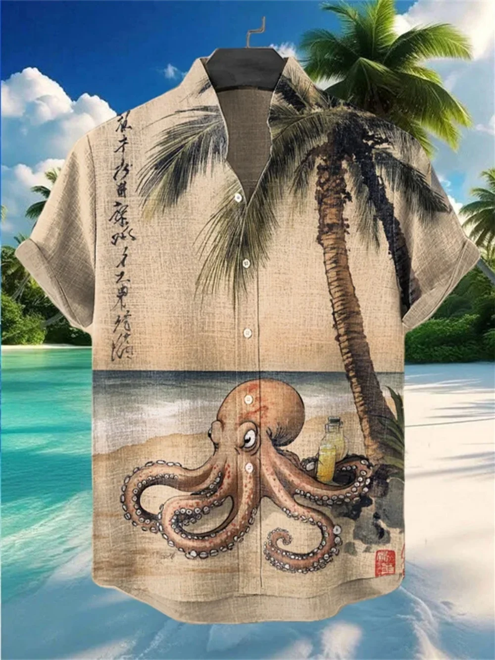 

Men's plus Size Linen Shirt 2025 New Octopus Casual Print Fashionable Stand up Collar for Social Party Vacation Fast Dry