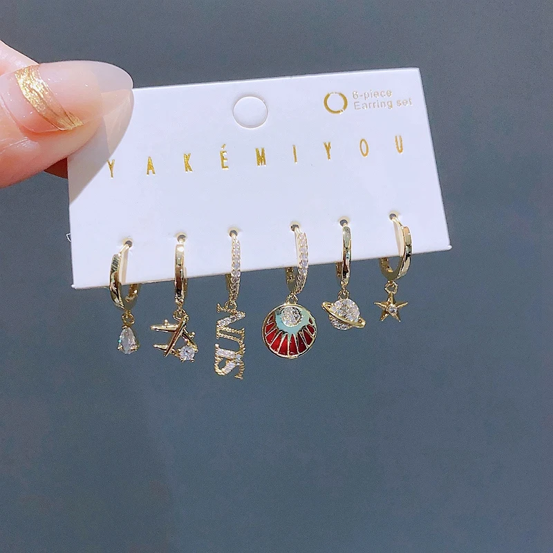 New Mixed Design Plane Saturn Star Dangle Earrings Set for Women Cubic Zirconia Huggies Jewelry