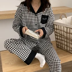 Korean Version INS Spring Autumn Winter Pajamas Women's Thousand Bird Grid Long-sleeved Loose Cardigan Loungewear Set Fashion Pj