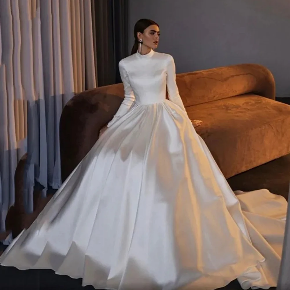 

Gorgeous Satin Wedding Dresses Fashion Long Sleeves Simple High Collar Luxury Fluffy Princess Style Mopping Bridal Dresses 2023