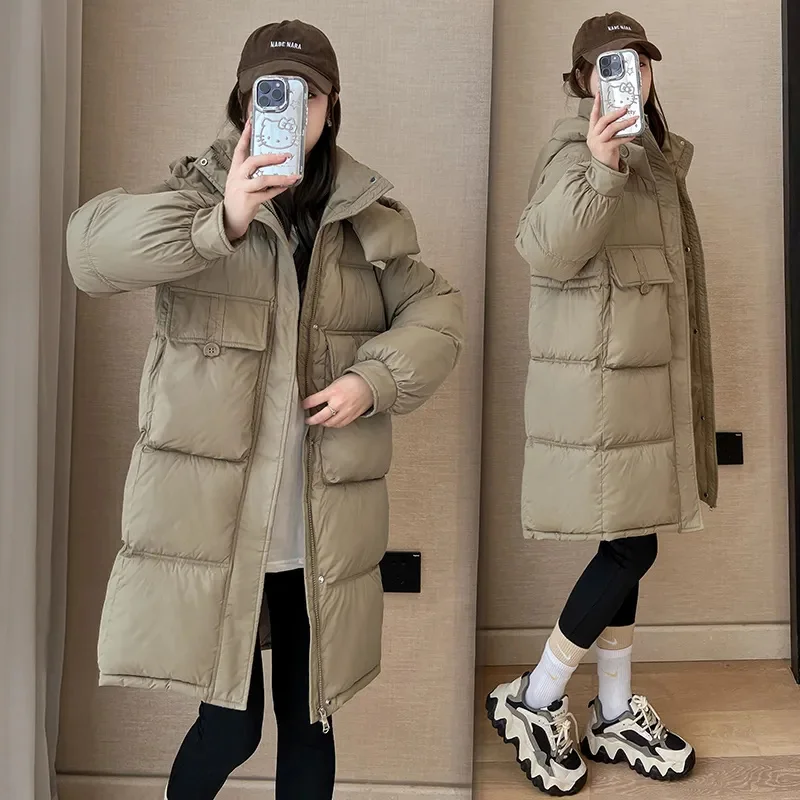 Long Down Cotton Jacket For Women Long 2024 new Korean Version Loose Hooded ParkaThick Winter Cotton Coat Outerwear Pink White