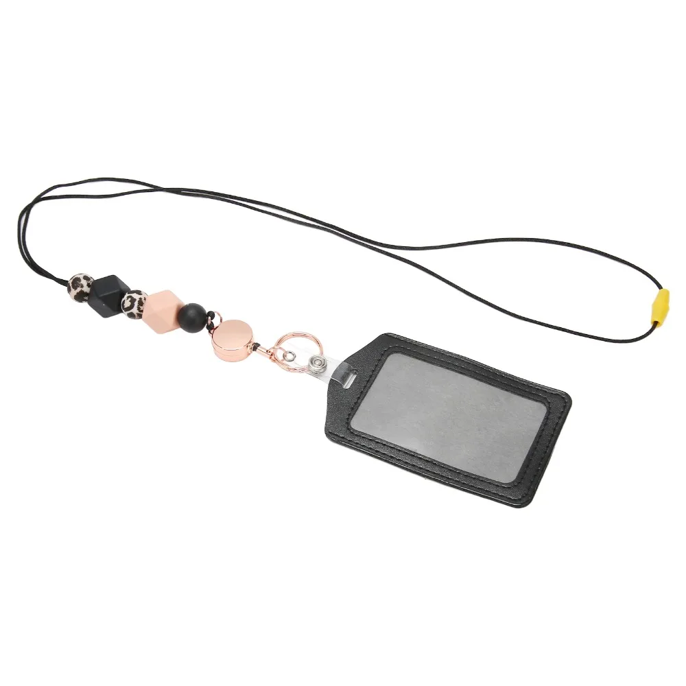 Retractable Silicone Beaded Lanyard Flesh Pink/Pink/Purple/Grey with Transparent ID Holder Badge Holder with Lanyard