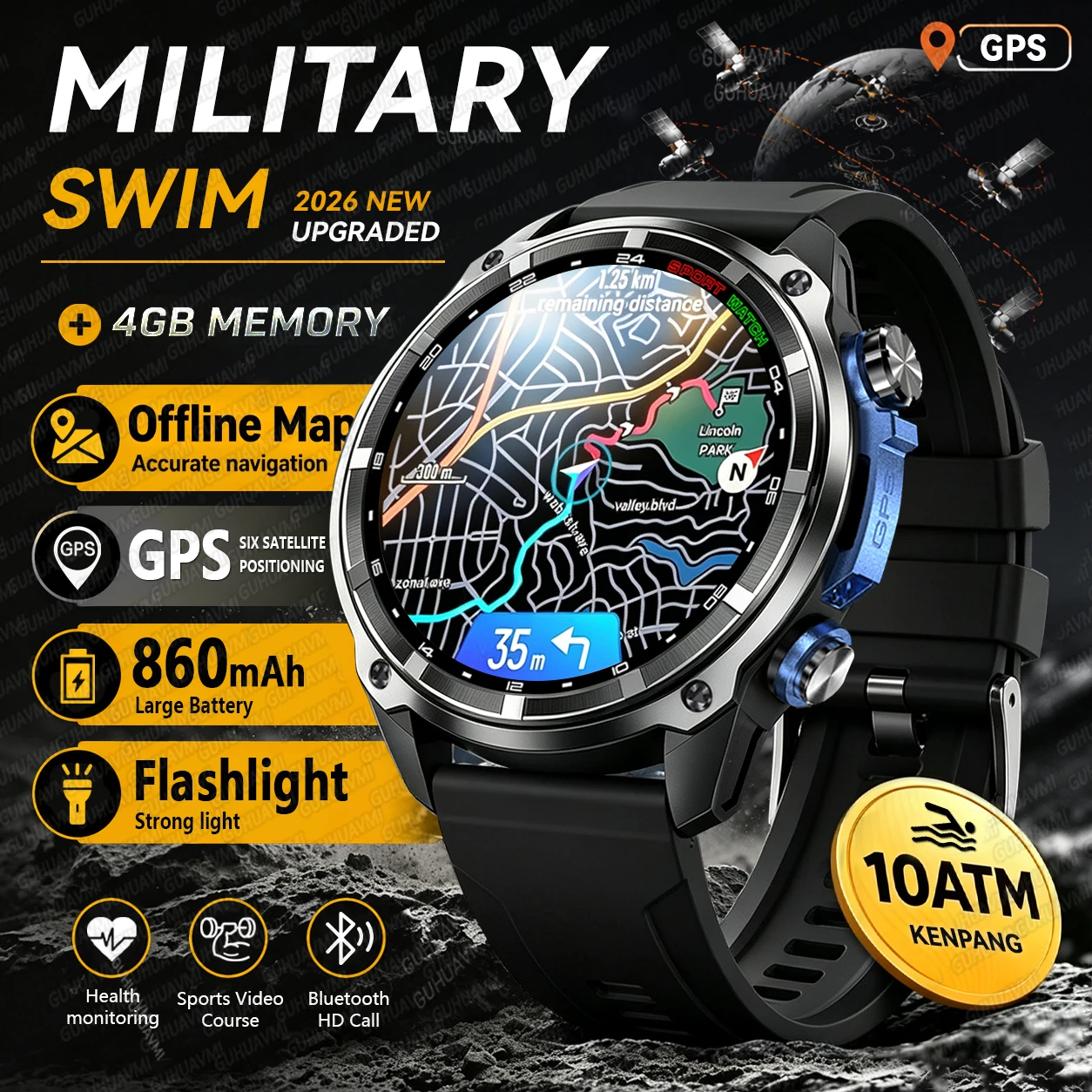Military Men Built-in GPS Map Smart Watch 1.43