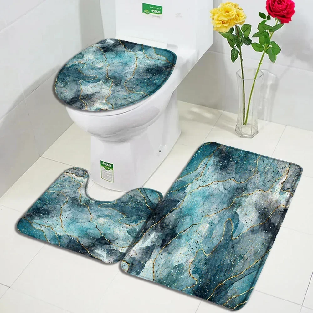 Abstract Marble Bath Mat Set Pink Blue Line Textured Modern Home Floor Carpet Bathroom Decor Anti Slip Rugs Toilet Lid Cover