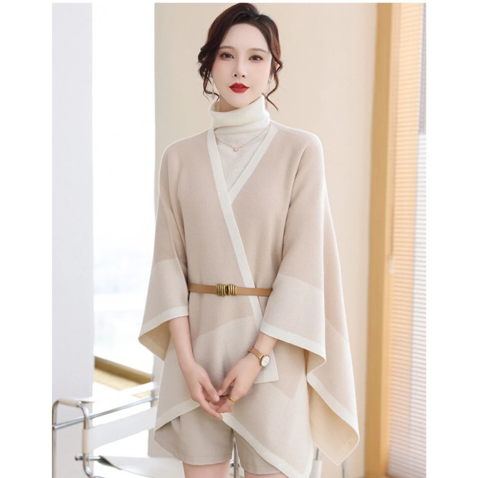 4 Contrasting Colors Split Capes Korea Japan Cardigan Loose Poncho Women Faux Cashmere Cloak Big Pendulum Out Streetwear Coat