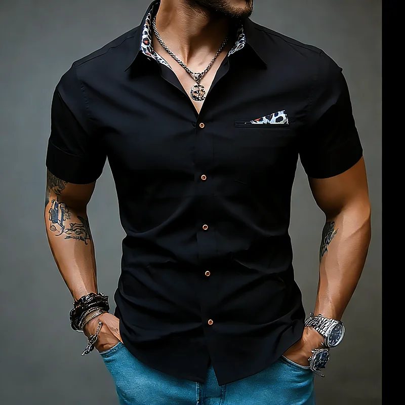 

Shirts Lapel Collar Mens Dress Shirts Casual Male Chemise Hemd Homme Shirt Men Short Sleeve Shirts Leopard Design