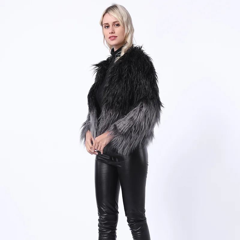 سيدة فرو المنك سترة أفخم عارضة الإناث فو الفراء سترة الشتاء النساء تقليد معطف الفرو التدرج جولة الرقبة قصيرة #1