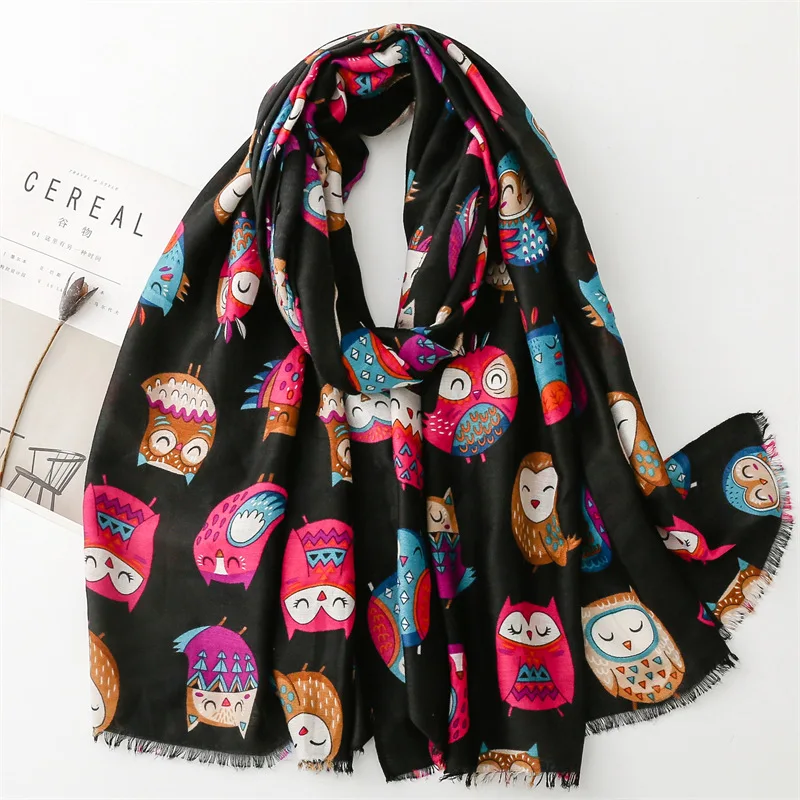 2023-new-cotton-cute-owl-print-fringe-scarf-shawls-long-cotton-animal-scarves-hijab-wrap-6-color-wholesale-10pcs-lot