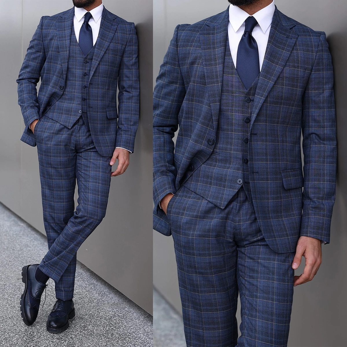 Plaid Men's Suits Notched Lapel Tuxedos Slim Fit Wedding Groom Wear Blazer 3 Pieces (Jacket+Pants +Vest)Terno Masculino