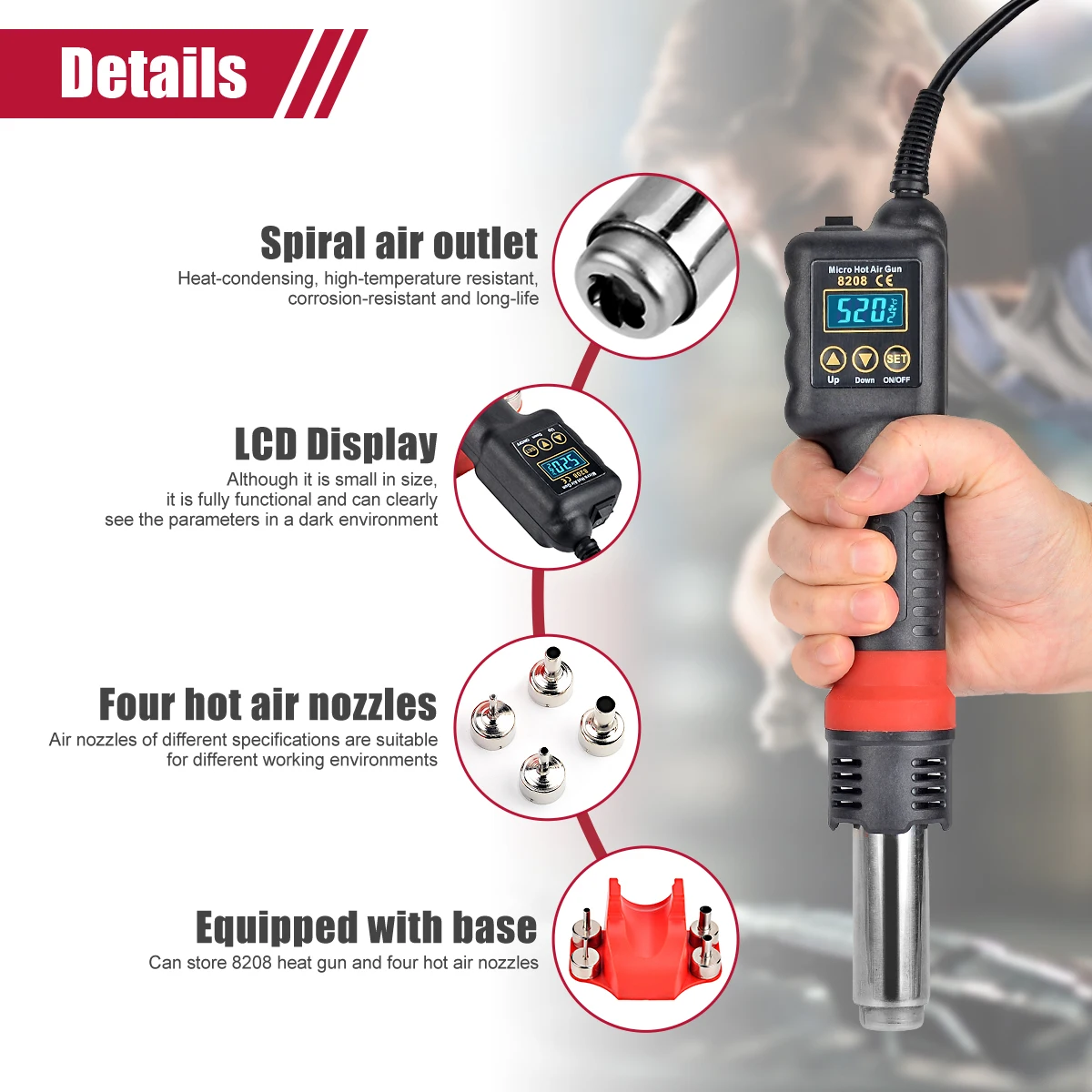 JCD 750W Micro Hot Air Gun 8208 Portable LCD Display Rework Station Heat Gun Hair Dryer Temperature Adjustable BGA Welding Tools