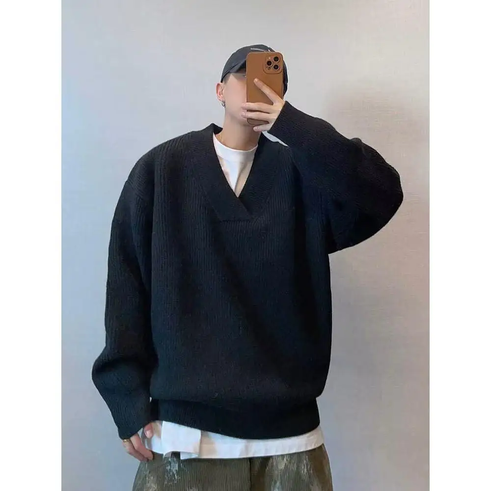 سترة رجالية أمريكية عتيقة الطراز بياقة على شكل V، كارديجان محبوك بلون سادة، ناعم من البوليستر، بأكمام طويلة للشتاء