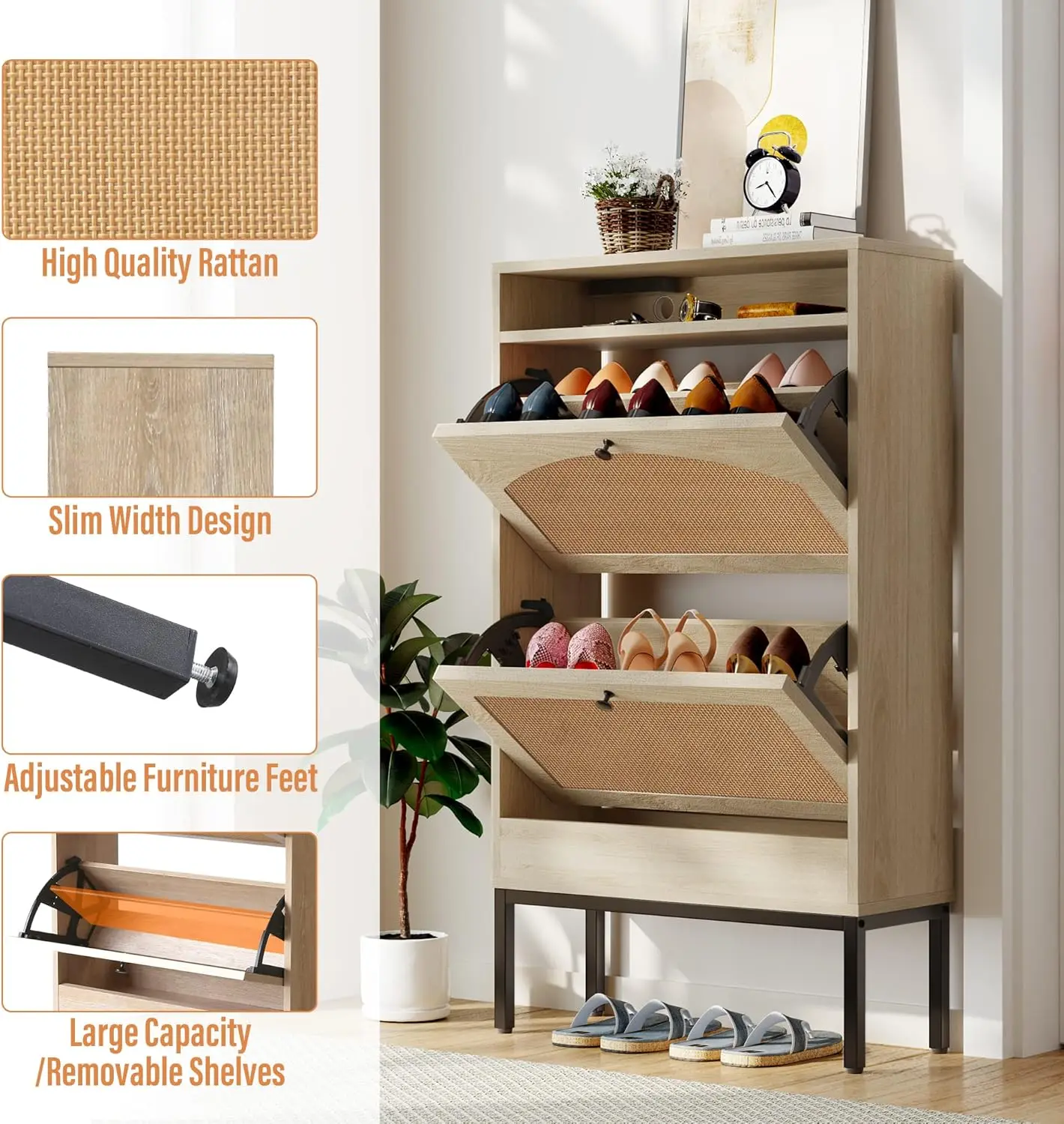 Shoe Cabinet, Shoe Storage Cabinet with 2 Flip Drawers, Slim Shoe Storage Rack with Charging Station for Entryway Hallway Living