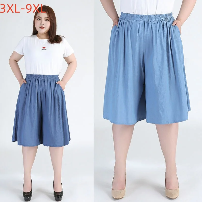 9XL 8XL 7XL Plus Size Blue Pants for Women Summer Thin 140KG Fat Elastic Skirt Cropped Loose Wide Leg Jeans Girls Half Trousers