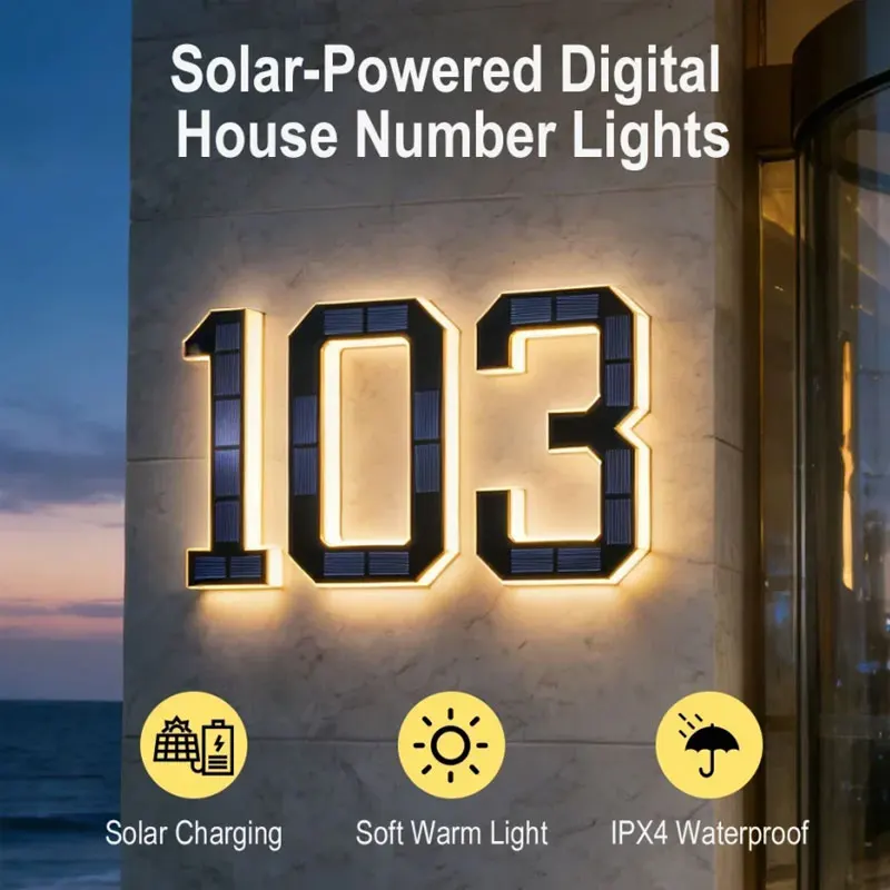 Solar Powered House Number Sign, Waterproof Digital Doorplate with DIY Letters