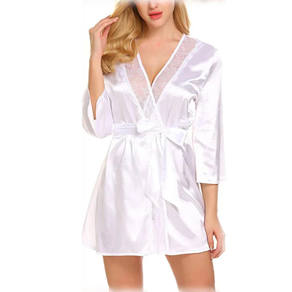 Women Sexy Satin Kimono Bathrobe Nightgown Lace Edge Half Sleeve Bride Wedding Wrap Dressing Robes Ladies Pajamas Home Clothes