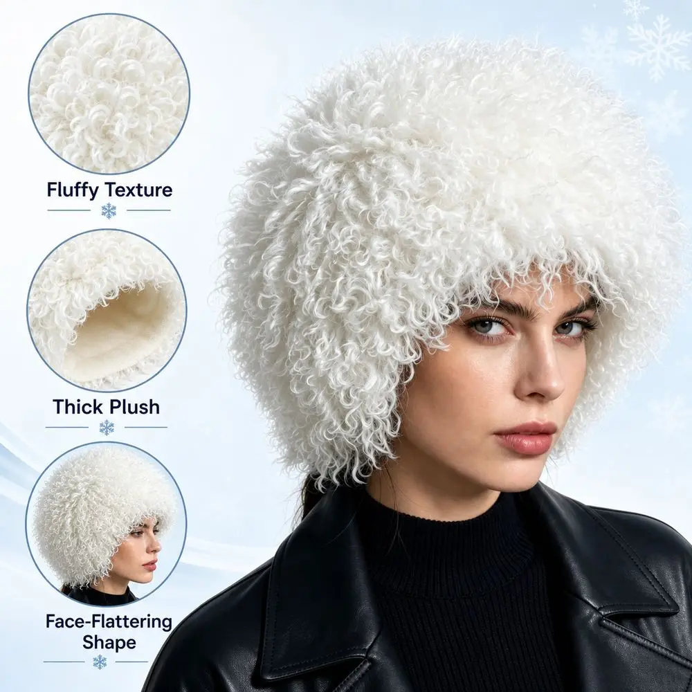 Daily Polyester Faux Fur Winter Hat Thick Curly Texture Fluffy Winter Cap Warm Face-Flattering Shape Bucket Hat Outdoor Casual