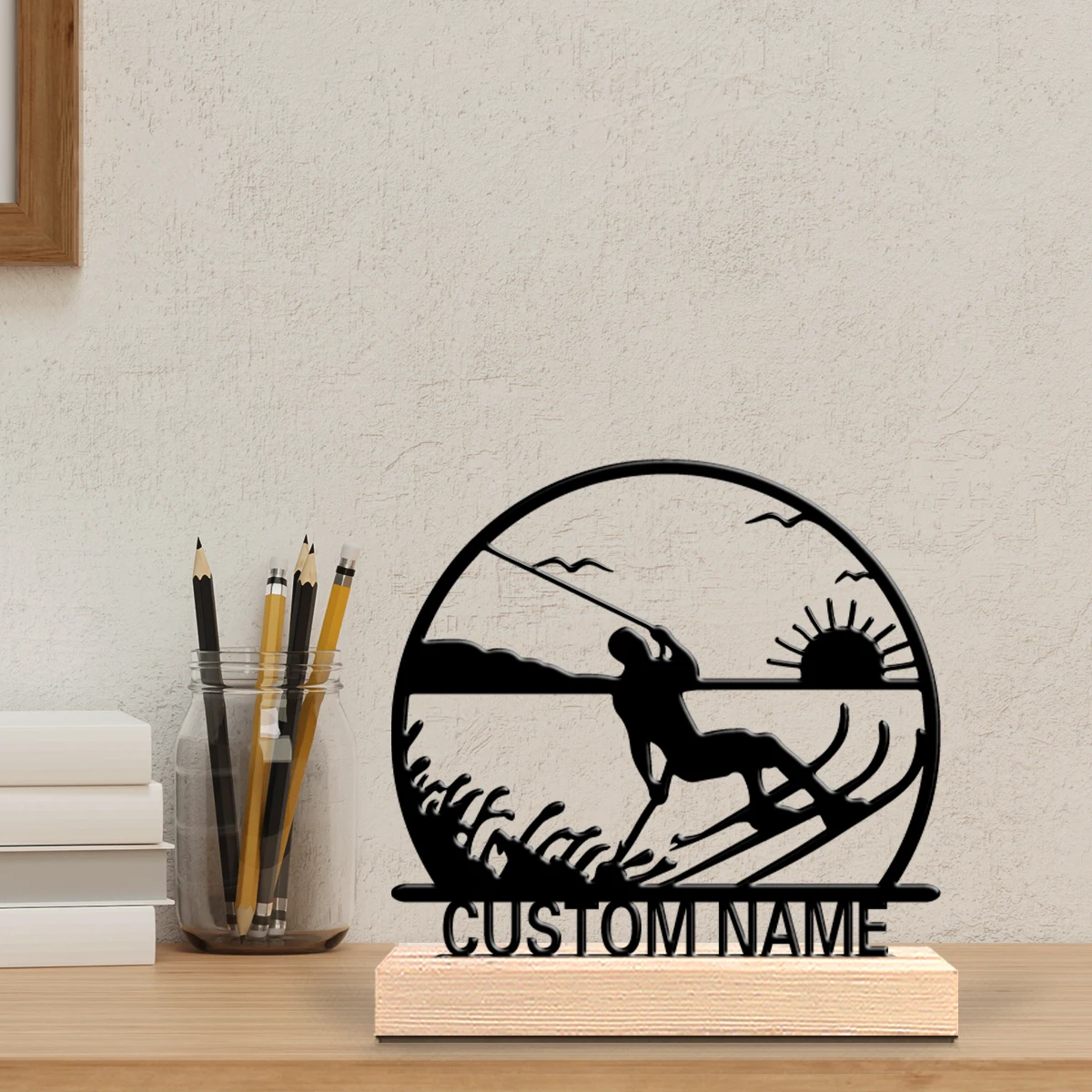 1 pièce Nouveau design Art sur base en bois personnalisé sur le thème du ski nautique et de l'océan pour salon, bureau, décoration côtière minimaliste Va