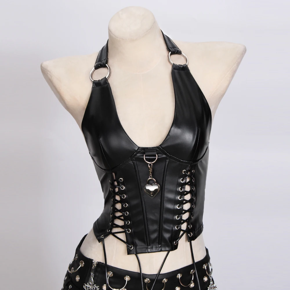 Goth Tops PU leather Black Punk Rock Clothes Festival Emo Clothing Gothic Tank Spikes Vkei Y2K T-shirt Grunge Women's Rave