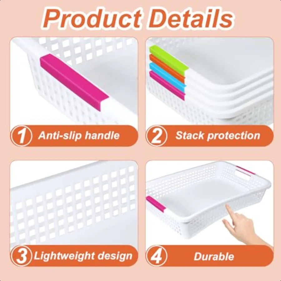 8 упаковок корзин для хранения в классе размером 15 x 10 x 3 дюйма, большие пластиковые лотки для классной бумаги с ручкой, размер буквы, бумажная корзина для игрушек формата А4