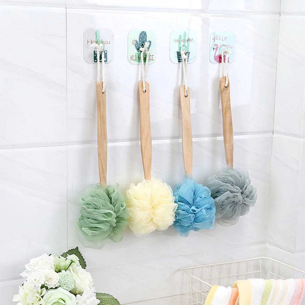 

4Pcs Bath Brush Long Handle Wooden Nylon Scrubber Soft Bristle Exfoliating Shower Back Massage Bath Flower Portable Cleaning