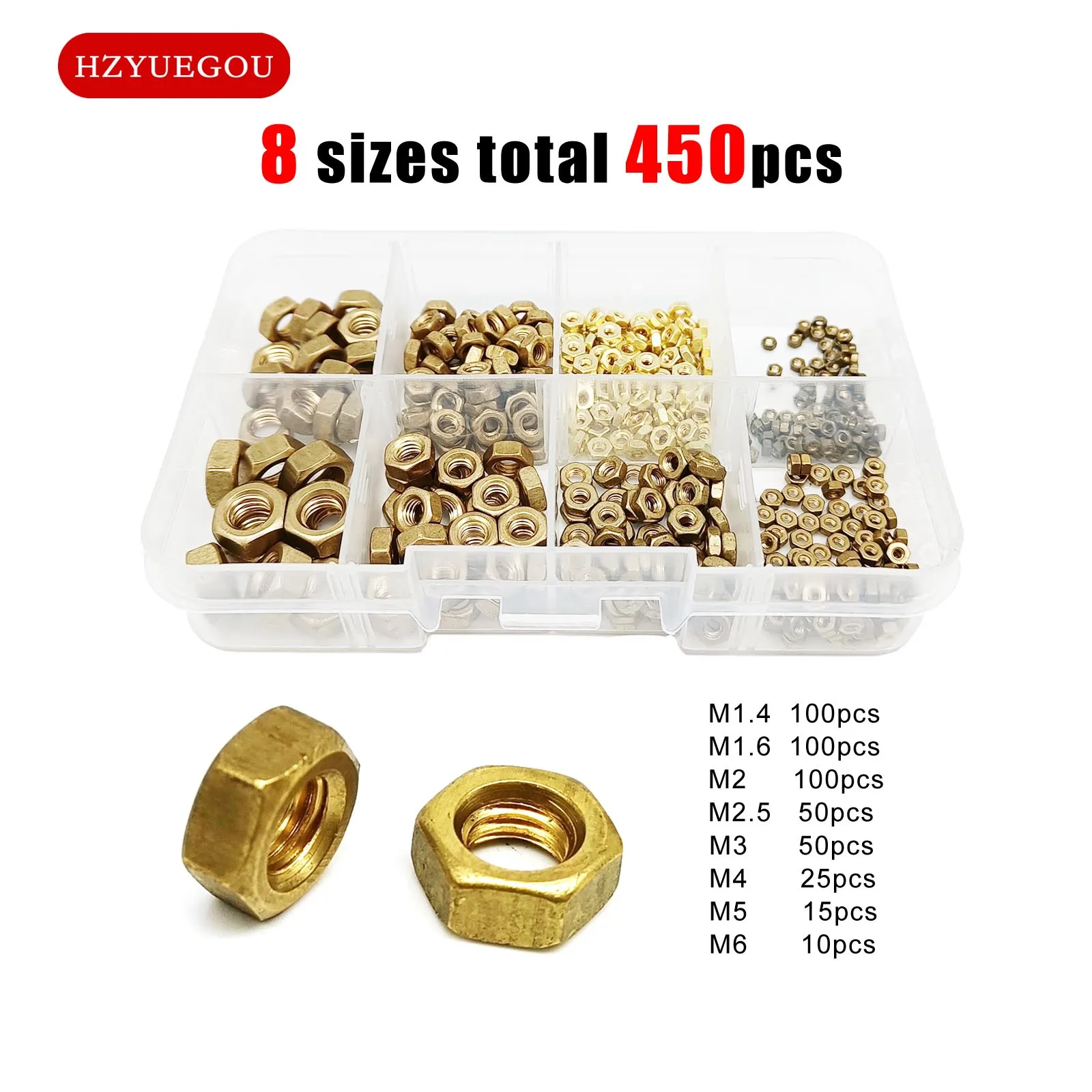 

450pcs Small Micro Hex Hexagon Nut Set Mix Size M1.4 M1.6 M2 M2.5 M3 M4 M5 M6 Assortment Kit Box Solid Brass