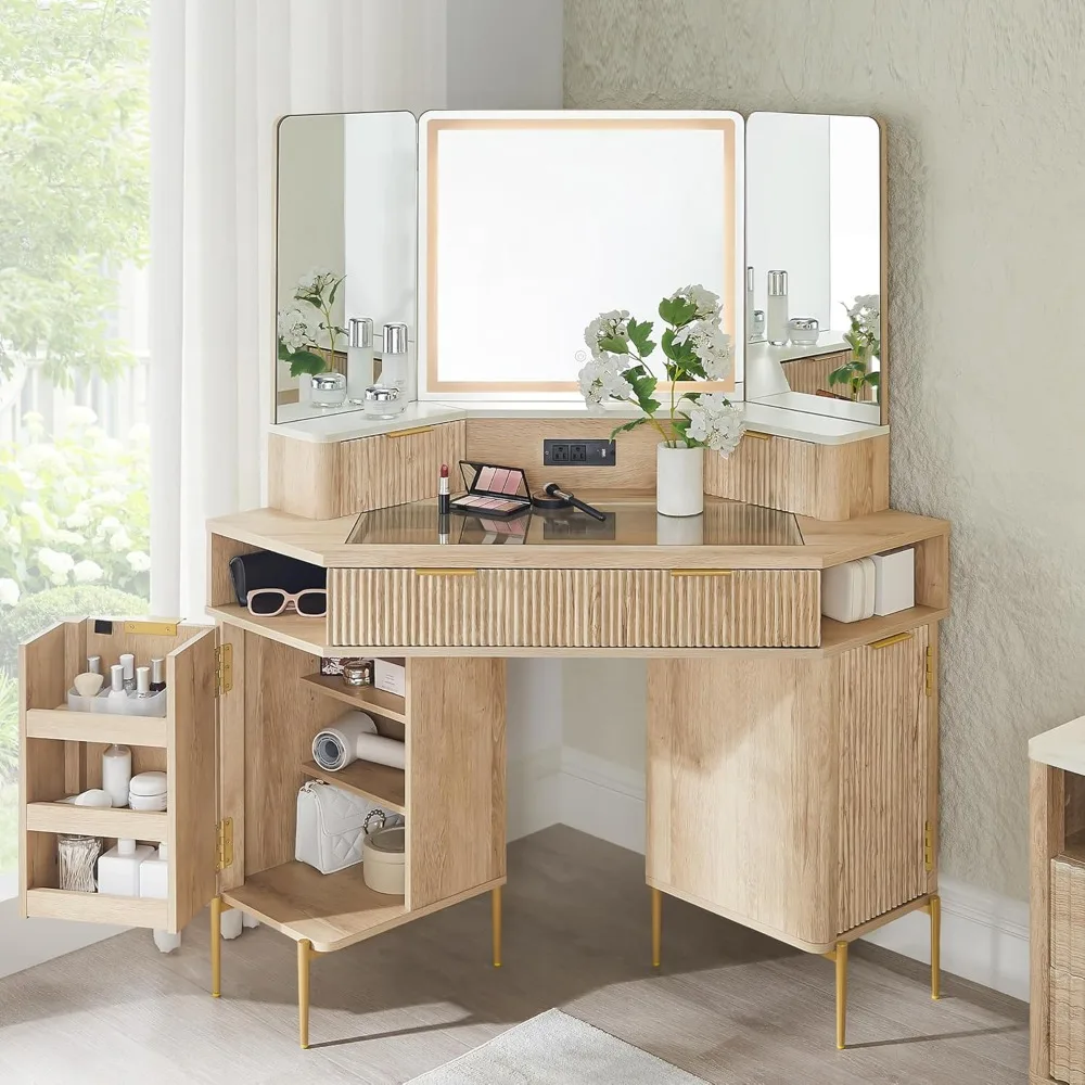 Fluted Makeup Vanity Desk with HD Triple Mirror and Lights, Large Lighted Corner Vanity with Glass Top, Modern Dressing Table