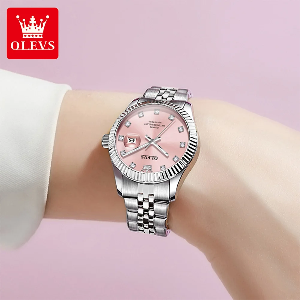 Jam Tangan Wanita OLEVS 3705 Elegan Fashion Pink Original Quartz untuk Wanita Bezel Tekstur Ulir Baja Tahan Karat Tanggal Baru