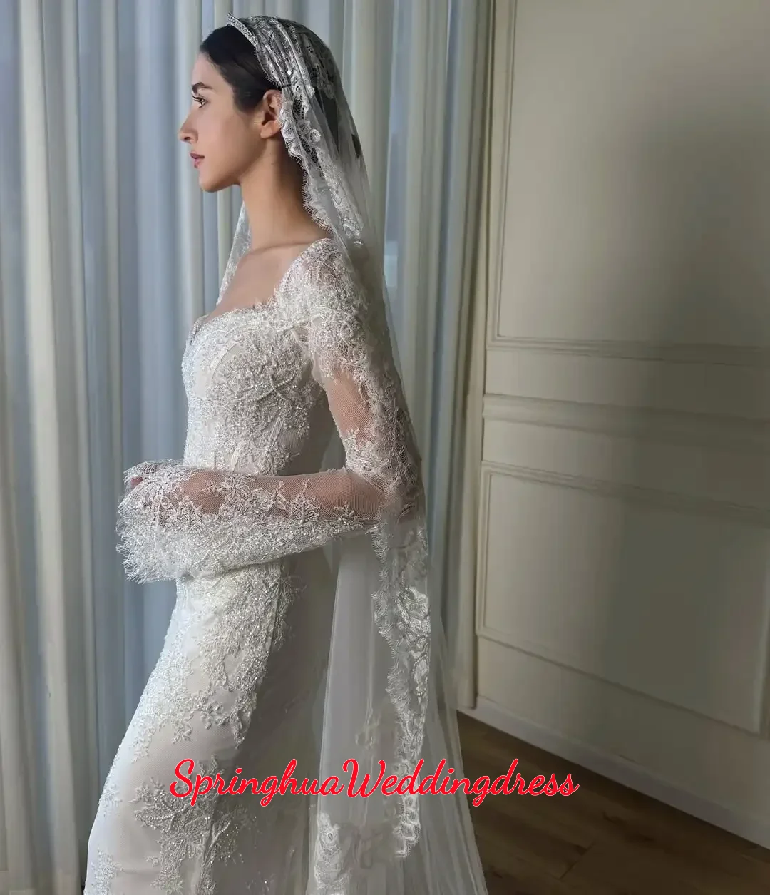 

Свадебное платье с индивидуальным дизайном, изысканное, с открытыми плечами, сексуальное, с V-образным вырезом, прозрачное кружево, вышивка, фасон русалка.
