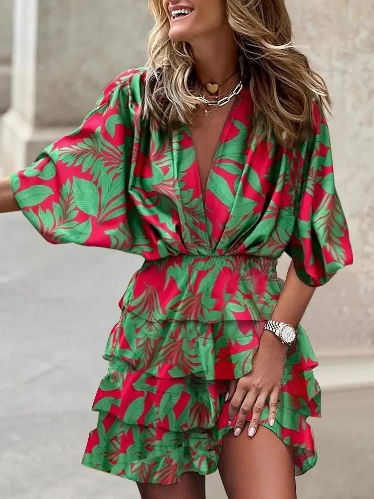 Women Sexy V-Neck Loose Batwing Half Sleeve Print Dress Fashion Elegant Lace-up Ruffle Boho Beach Mini Dress Casual Streetwear