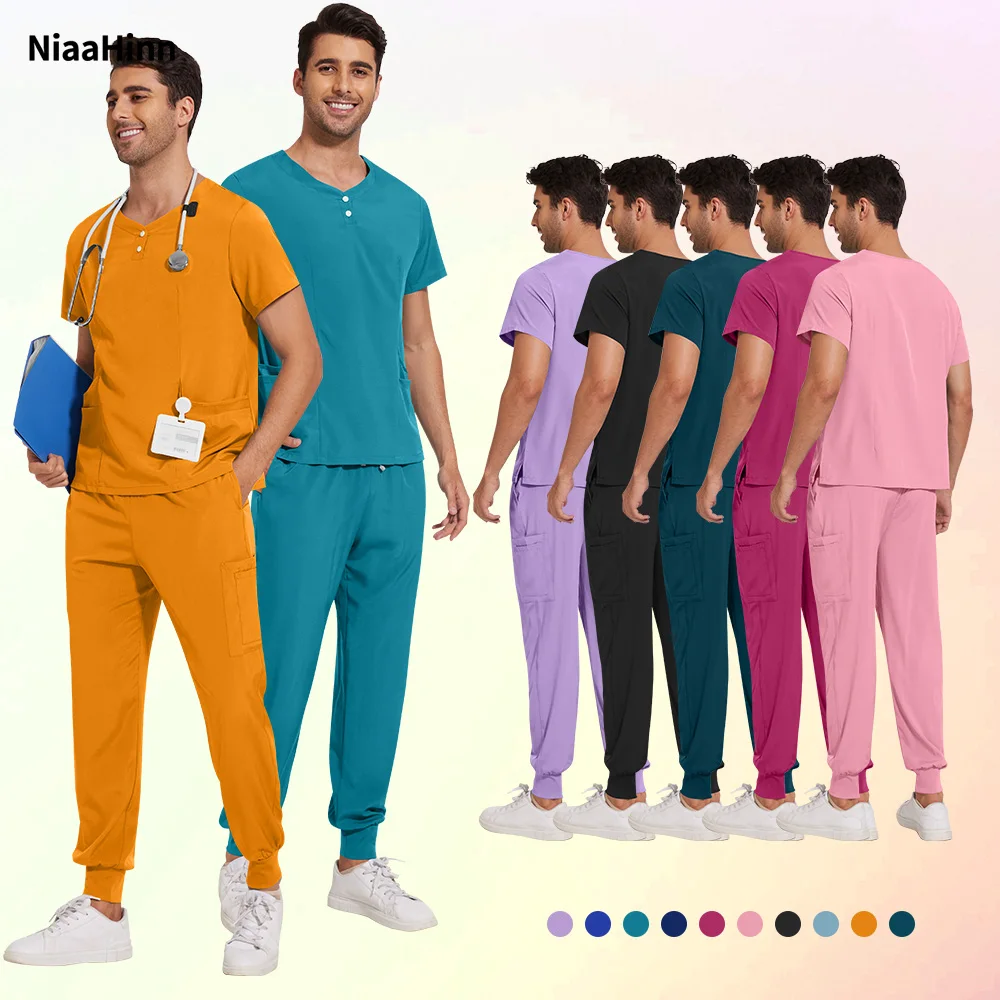 Niaahinn Dentistry Nurse Accessories Medical Surgical Gowns Solid Color Doctor Nurse Scrub Uniform Men Beauty Salon Spa Workwear