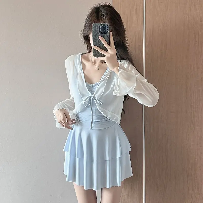 Korean Sweet Girls One-piece Swimsuit Sexy Women Halter Bikinis Swimwear Aesthetics Mini Beach Dress with Cover Ups Bathing Suit