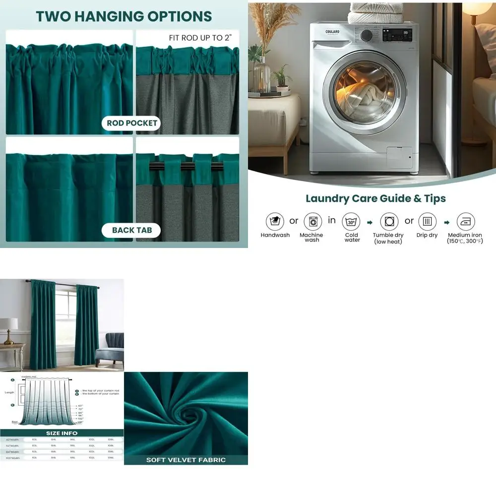 Thermal Insulated Teal Green Velvet Curtains, 2-Panel, 52x96 for Living & Bedroom with Rod Pocket and Back Tabs