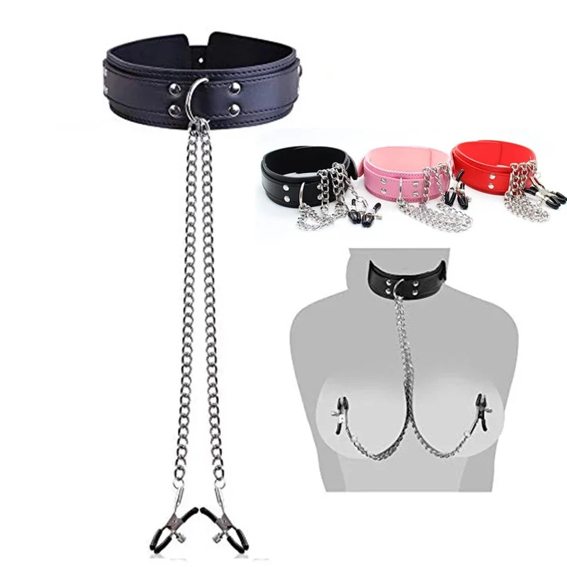 BDSM Leather Choker Collar With Nipple Breast Clamp Clip Chain Couple Slaves Adult Sex Toys Butterfly Style For Couples Games