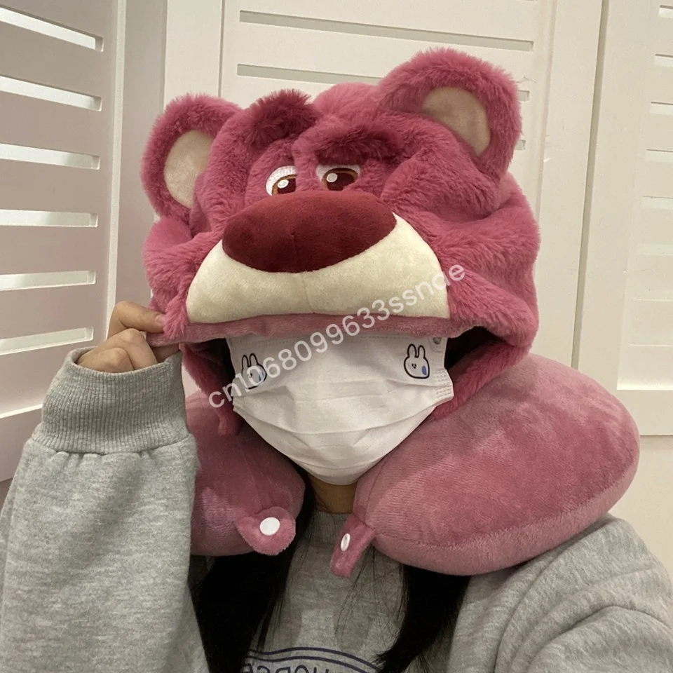 

Lovely Lotso Travel Blackout Neck Pillow Strawberry Bear Kawaii Japanese Style Hooded U-shaped Neck Pillow Lolita Girl Gifts