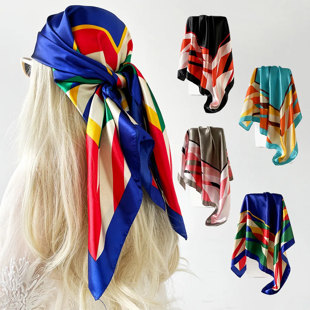 

90cm Square Scarf Ladies New Color Matching Printed Satin Scarf Shawl Beach Vacations Headscarf Square Scarf Neck Scarf Shawl