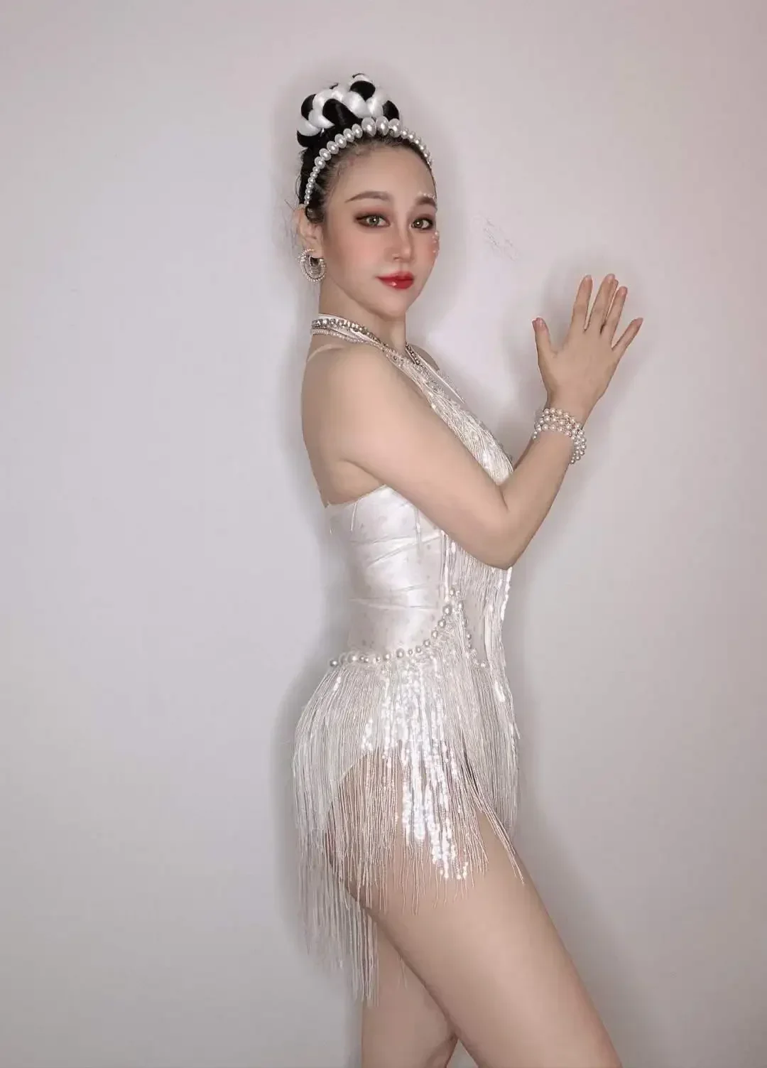 Sparkly Sexy Performance Queen Bodys Strass Damen Nachtclub Outfit mit Quaste Trikot Sänger Tänzer Kostüm Bühnenkleidung