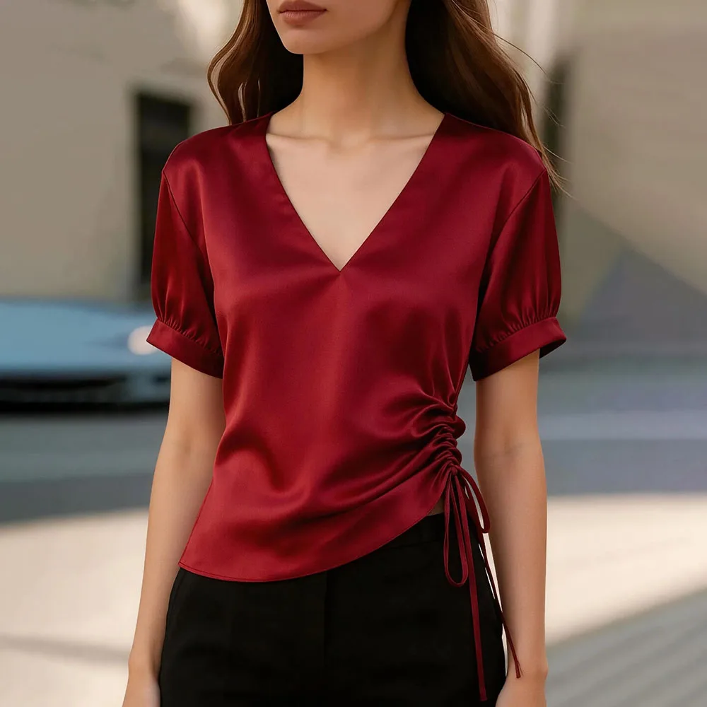

Повседневная женская блузка с коротким рукавом, летняя коллекция 2026, модная однотонная рубашка с V-образным вырезом, элегантный топ